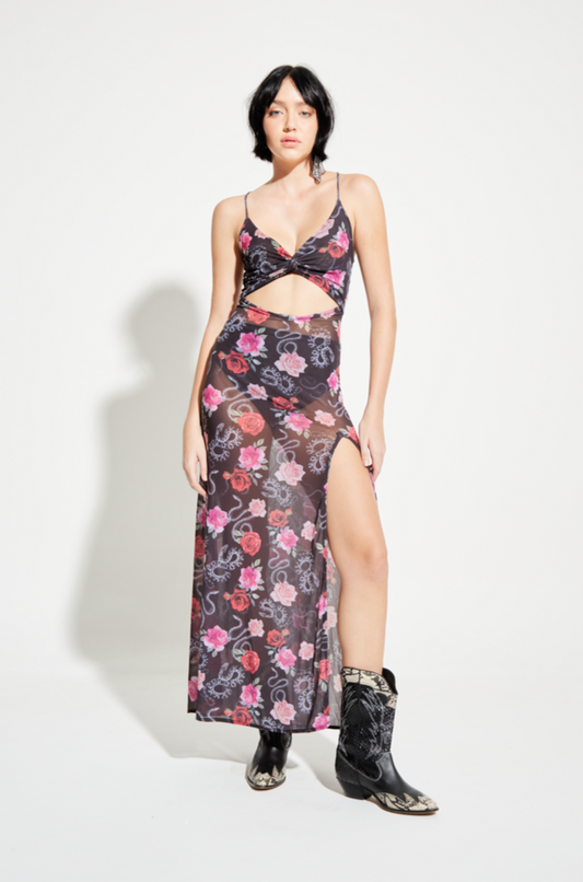 exclusive print cutout tulle dress